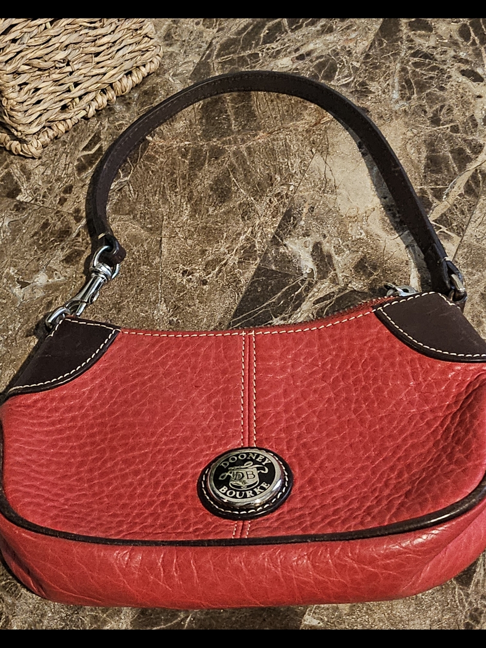Dooney & Bourke Red Pebbled Leather Mini Shoulder Bag with Brown Trim